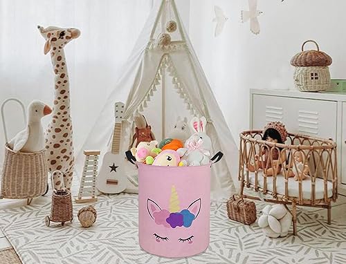 Round Pink Color Unicorn Pattern Laundry Hamper Storage Basket Organizer Hamper Storage Bins for Clothes Toys Box Nursery Hamper Gift Basket with Handles - Jamouz