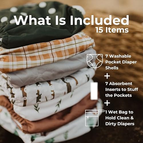 Nora's Nursery Cloth Diapers 7 Pack with 7 Inserts & 1 Wet Bag - Waterproof Cover, Washable, Reusable & One Size Adjustable Pocket Diapers for Newborns and Toddlers - Woodlands - Jamouz