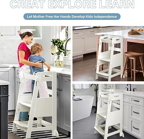 TOETOL Bamboo Toddler Kitchen Step Stool White Helper Standing Tower Height Adjustable with Anti-Slip Protection for Kids Kitchen Counter Learning - Jamouz
