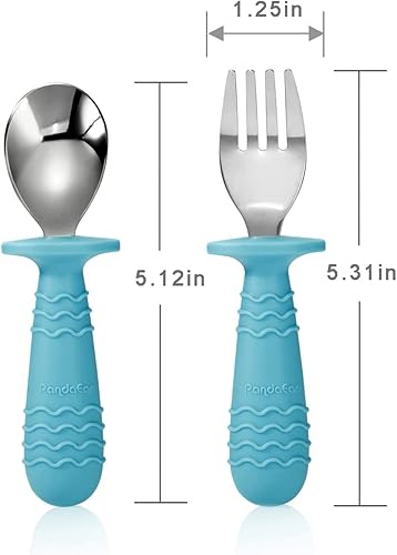 PandaEar 4 Set Baby Toddler Silicone Stainless Steel Utensils Silverware Spoon Fork for Baby Toddler BPA Free with Silicone Holding Anti-Choke Design - Jamouz