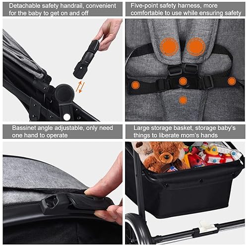 INFANS 2 in 1 Baby Stroller, High Landscape Infant Stroller & Reversible Bassinet Pram, Foldable Pushchair with Adjustable Canopy, Cup Holder, Storage Basket, Suspension Wheels (Grey) - Jamouz