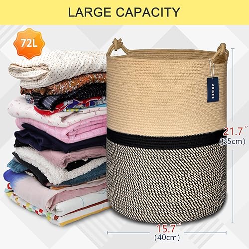COMSE Extra Large Blanket Basket, High Storage Basket, Tall Rope Laundry Basket, 15.7”x 21.7”, Cotton Rope Basket, XXXL Laundry Basket, Toy Basket, Clothes Baskets,White/Cadet Blue/Navy Blue - Jamouz