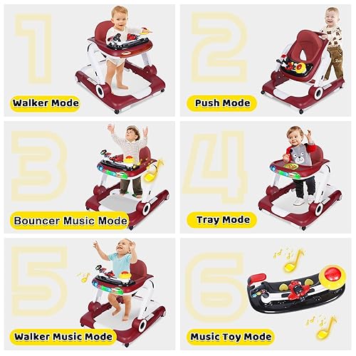 6 in 1 Baby Walker, Baby Activity Center for Toddler, Walker Rocker Bouncer w/Adjustable Height Speed, Learning-Seated & Walk-Behind, Infant Walker w/Feeding Tray & Music Toys, Red - Jamouz