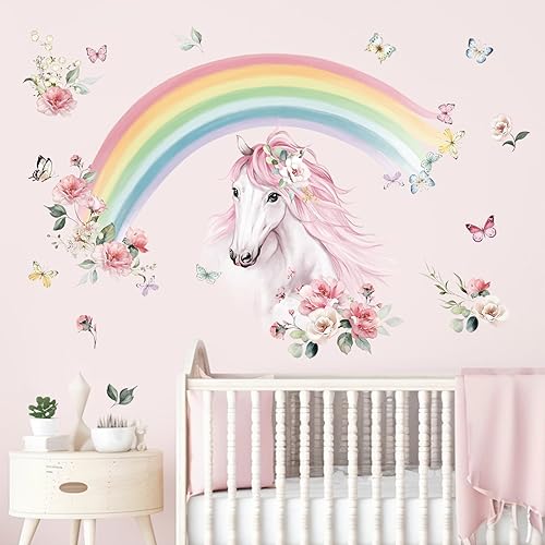 wondever Large Rainbow Wall Decals Unicorn Flower Peel and Stick Wall Art Stickers for Girls Bedroom Kids Room Baby Nursery - Jamouz