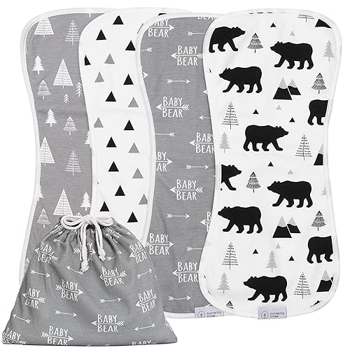 Organic Burp Cloths for Baby Boys and Girls with Bag - XLarge Absorbent Burping Clothes, Newborn Towel, Milk Spit Up Rags, Burpy Cloth Bib for Unisex, Boy, Girl, Baby Bear Woodland, 4 Pack - Jamouz