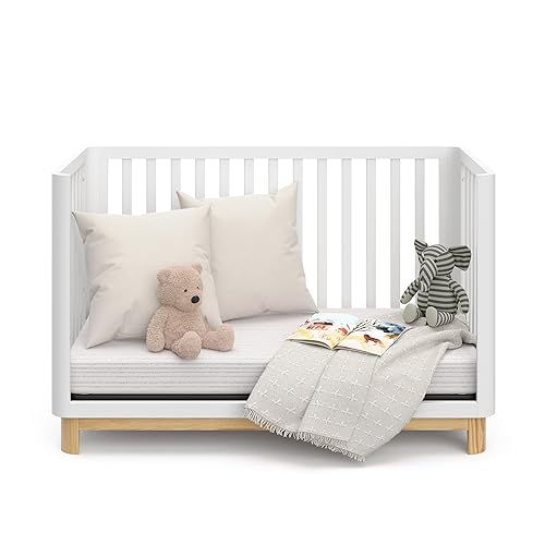 Storkcraft Santos 3-in-1 Convertible Crib (White with Natural) – GREENGUARD Gold Certified, Fits Standard Crib Mattress, Converts to Toddler Bed, Modern Style, Rounded Designer Details - Jamouz