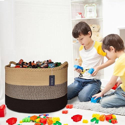 COMSE Extra Large Blanket Basket, Storage Basket, Laundry Basket, 21.7”x 13.8”, Laundry Hamper, Cotton Rope Basket, Blanket Basket Living Room, Toy Basket (White & Cadet Blue & Navy Blue) - Jamouz