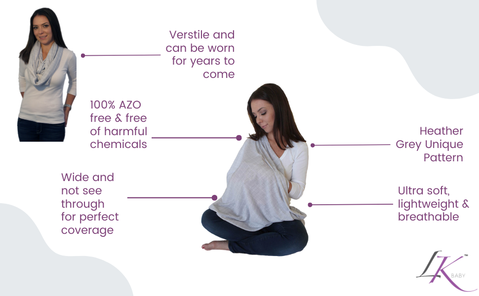 Woman breastfeeding with grey nursing infinity scarf wide lightweight for full privacy coverage
