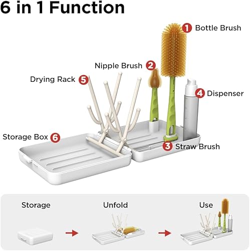 YOTIME Travel Bottle Brush, Travel Bottle Cleaner Kit with Foldable Bottle Drying Rack, for Visit Friends and Relations, Baby Travel Essentials, BPA Free, White - Jamouz