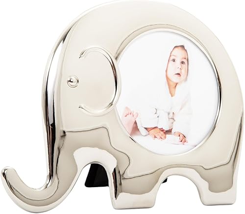 Happy Homewares Modern Standing Elephant Themed Shiny Nickel Plated Baby Circular Picture Frame with Black Velveteen Felt Backing | Newborn Baby or Baby Shower Idea - Jamouz