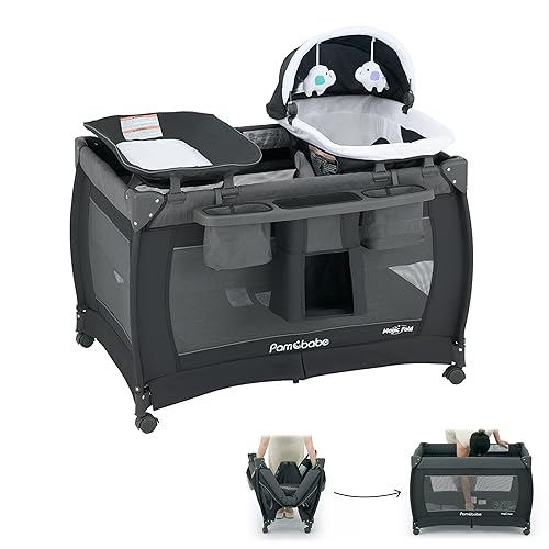 Pamo Babe 3-in-1 Baby Playard, Basic Magic Fold Nursery Center with Zip Door & Changing Table, One Second to Set Play Yard - Jamouz