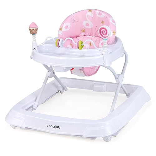 BABY JOY Baby Walker, Foldable Activity Walker Helper with Adjustable Height, Baby Activity Walker with High Back Padded Seat & Bear Toys (Gray, Star Pattern) - Jamouz