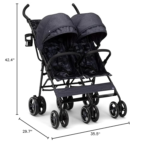 GAP babyGap Classic Side-by-Side Double Stroller - Lightweight Double Stroller with Recline, Extendable Sun Visors & Compact Fold - Made with Sustainable Materials, Grey Stripes - Jamouz