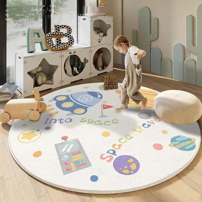 LIULA Planet Kids Carpet,Round Baby Mat Kids Room Decoration,Washable Non-Slip Cartoon Themed Children Rug for Kindergarten Nursery School Rug Baby Playmats, 31.5' - Jamouz