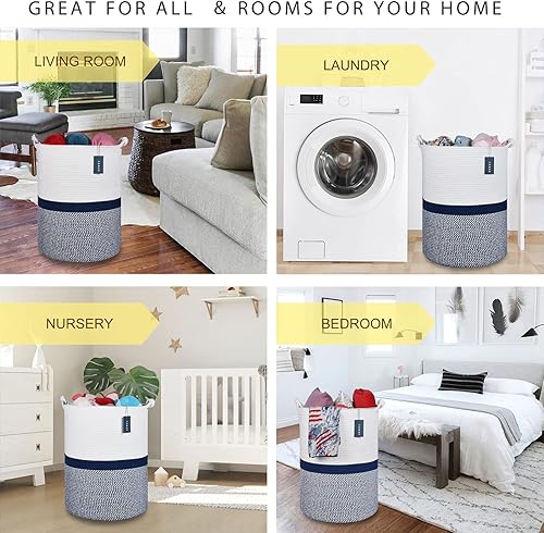 COMSE Extra Large Blanket Basket, High Storage Basket, Tall Rope Laundry Basket, 15.7”x 21.7”, Cotton Rope Basket, XXXL Laundry Basket, Toy Basket, Clothes Baskets,White/Cadet Blue/Navy Blue - Jamouz