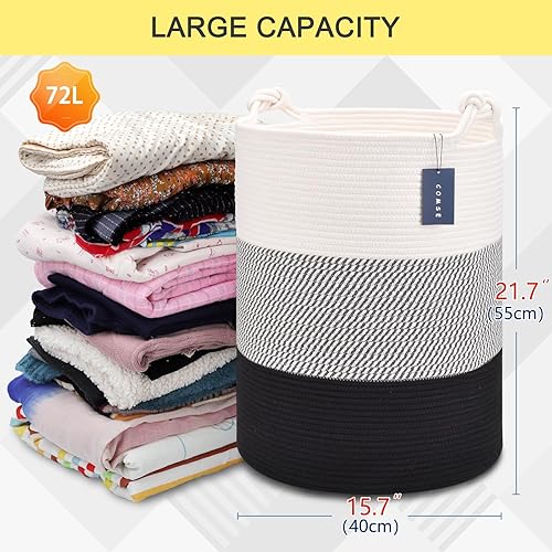 COMSE Extra Large Blanket Basket, High Storage Basket, Tall Rope Laundry Basket, 15.7”x 21.7”, Cotton Rope Basket, XXXL Laundry Basket, Toy Basket, Clothes Baskets,White/Cadet Blue/Navy Blue - Jamouz