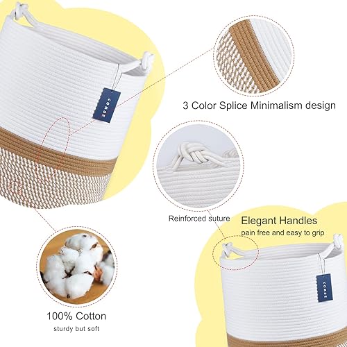 COMSE Extra Large Blanket Basket, High Storage Basket, Tall Rope Laundry Basket, 15.7”x 21.7”, Cotton Rope Basket, XXXL Laundry Basket, Toy Basket, Clothes Baskets,White/Cadet Blue/Navy Blue - Jamouz