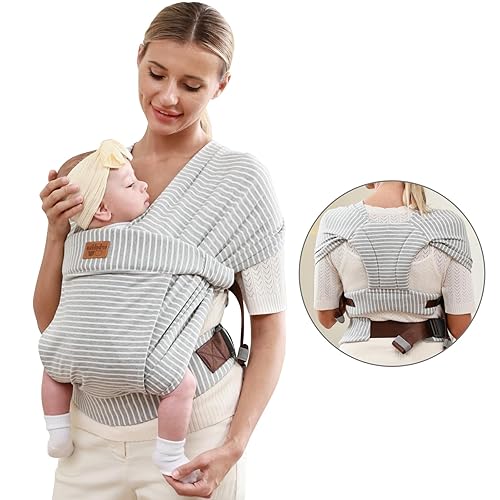 Baby Wraps Carrier Newborn to Toddler, Kangaroo Baby Easy Wearing Wrap, Adjustable Soft Baby Holder Front Chest Sling Carriers Perfect Baby Infant Essentials Gifts (Striped Grey, Cotton) - Jamouz
