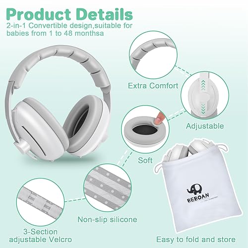 BEBOAN 2-in-1 Baby Ear Muffs Noise Protection for Babies 0-36 Months, Noise Cancelling Headphones for Baby, Infant Newborn Ear Protection Headphones for Airplane Travel, Toddler Sound Proof Headphones - Jamouz