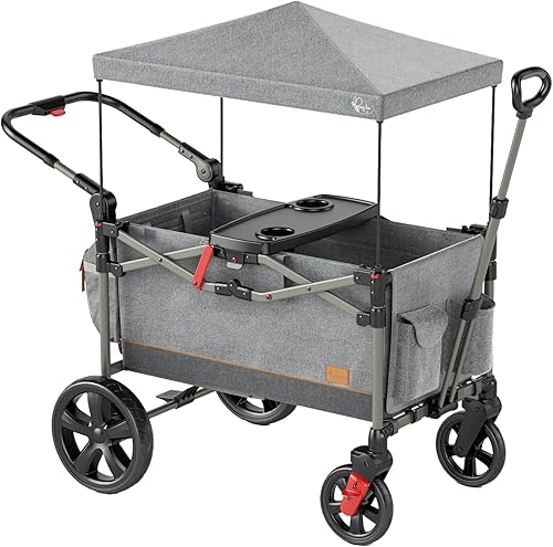 Busy Bee Foldable Wagon Stroller for 2 Kids, Push Pull Collapsible Kids Wagon with Adjustable Handle Bar, Removable Canopy, 5-Point Harness, Shock-Absorbing Wheels, Grey - Jamouz