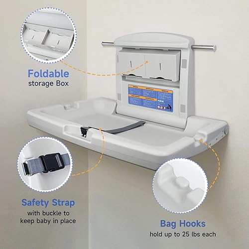 AIKE Commercial Horizontal Baby Changing Station, Wall Mounted Foldable Baby Diaper Changing Table ADA Compliant, Grayish White - Jamouz