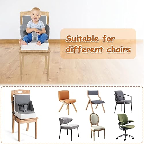 Portable PU Booster Seat for Kitchen Chair, Toddler Booster Seat for Dining Table with Adjustable Straps, Compact Fold for Travel, Safety Buckles, Gray - Jamouz