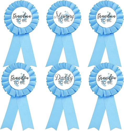 1 Mommy to be Tinplate Badge Pin for BOY, 1 Daddy to be, 2 Badges for Grandmas to be, 2 Badges for Grandpas to be, Baby Shower Button New Mom Gifts Gender Reveals Party, Blue Rosette, BLUE - Jamouz