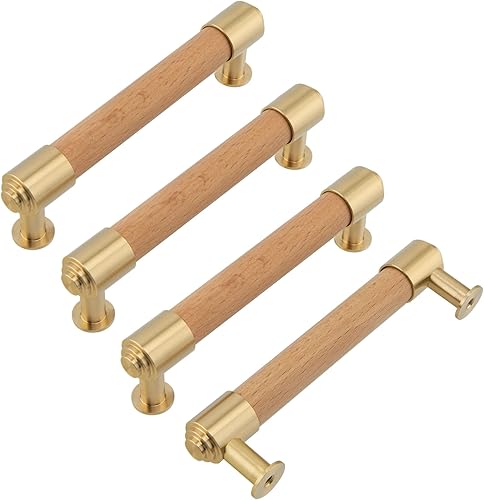 Modern Mid Century Brass and Wood Cabinet Pulls 3 Inch Center to Center Hole 4Pack Kitchen Drawer Handle Unfinished Dresser Knob for Closet Cupboard Wardrobe Brushed Finish - Jamouz