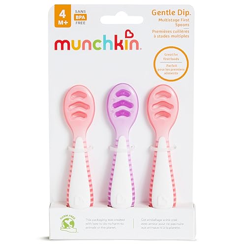 Munchkin® Gentle Dip™ Baby Spoons for Self Feeding and Baby Led Weaning, 3 Pack, Pink/Purple - Jamouz