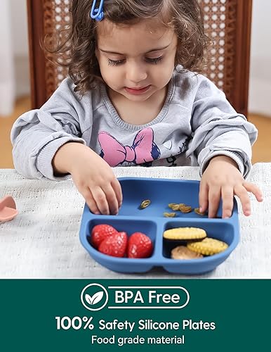 BABELIO Powerful Suction Plates for Baby and Toddler, 100% Food Grand Silicone, Divided, BPA Free, Microwave & Dishwasher Safe, Stay Put, 3 Pack - Jamouz