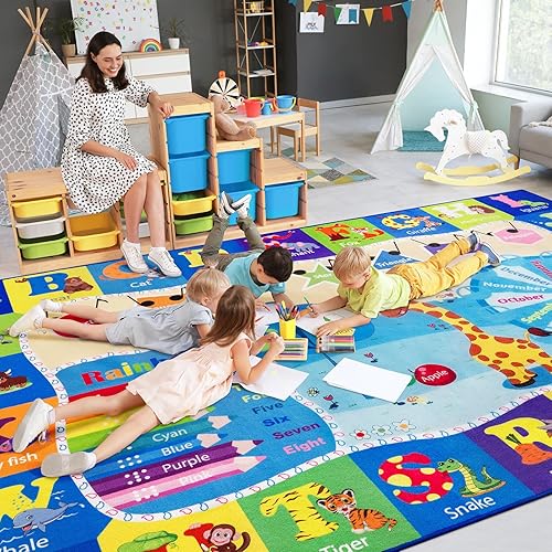 Large Playroom Rug Daycare Kids Rug 7x10,Educational and Fun Nursery Rug with ABC Alphabet Animals Classroom Rug Washable Kids Play Mat Baby Toddler Children Girls Rugs for Bedroom,Beige - Jamouz