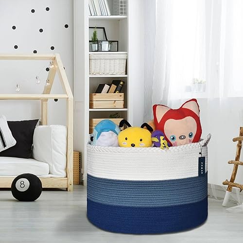COMSE Extra Large Blanket Basket, Storage Basket, Laundry Basket, 21.7”x 13.8”, Laundry Hamper, Cotton Rope Basket, Blanket Basket Living Room, Toy Basket (White & Cadet Blue & Navy Blue) - Jamouz