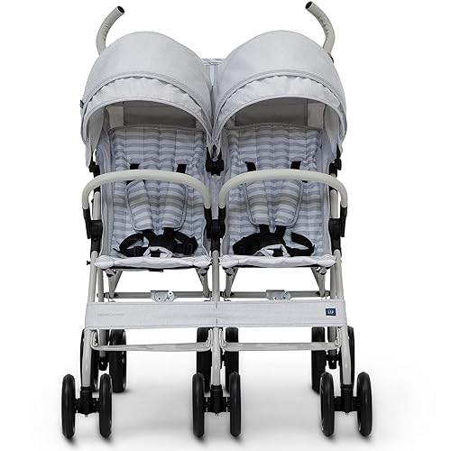 GAP babyGap Classic Side-by-Side Double Stroller - Lightweight Double Stroller with Recline, Extendable Sun Visors & Compact Fold - Made with Sustainable Materials, Grey Stripes - Jamouz