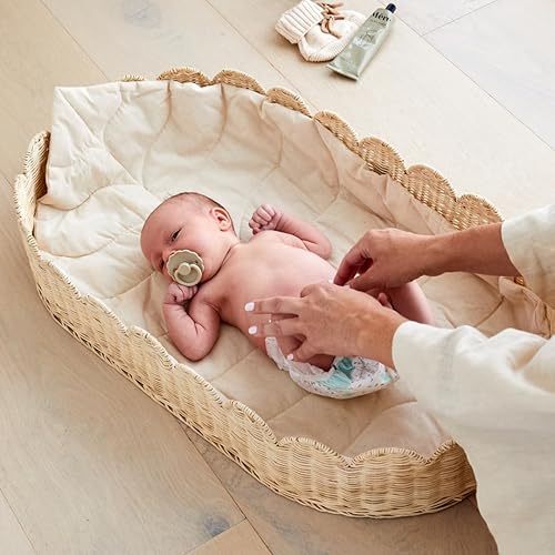 Premium Baby Diaper Caddy Organizer - Handmade & Award-Winning Scalloped Rattan Basket - Luxury Diaper Caddy Basket - Elegant Scalloped Edge (Natural) - Jamouz