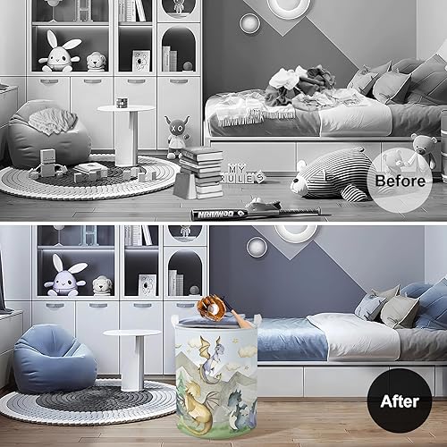 Clastyle 45L Kids Cute Dragon Nursery Hamper Mountain Tree Dirty Clothes Collapsible Laundry Basket Round Cloud Toys Storage Basket with Drawstring - Jamouz
