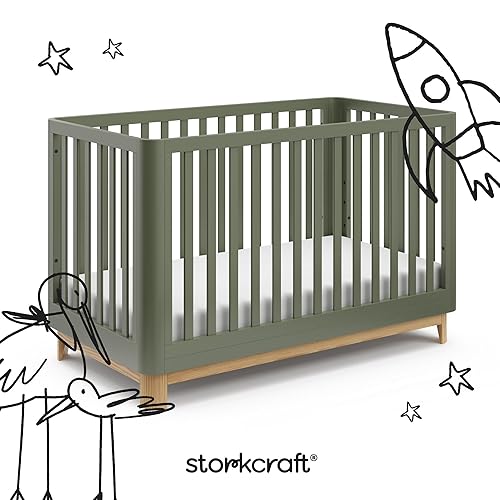Storkcraft Santos 3-in-1 Convertible Crib (White with Natural) – GREENGUARD Gold Certified, Fits Standard Crib Mattress, Converts to Toddler Bed, Modern Style, Rounded Designer Details - Jamouz
