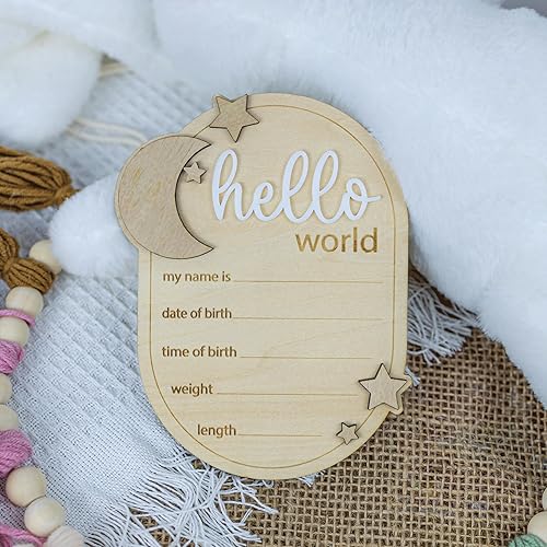 Baby Announcement Sign Star, 6.5 Inch Wooden Hello World Newborn Welcome Sign Birth Baby Name Plaques for Photo Props Baby Shower Hospital Nursery (A62) - Jamouz
