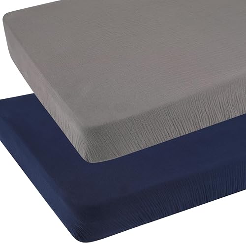 Muslin Square Playard/Playpen Fitted Sheets, Perfect for 36 X 36 Inch Portable Playard Soft 100% Cotton Grey & Navy - Jamouz