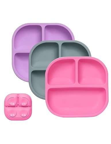 BABELIO Powerful Suction Plates for Baby and Toddler, 100% Food Grand Silicone, Divided, BPA Free, Microwave & Dishwasher Safe, Stay Put, 3 Pack - Jamouz