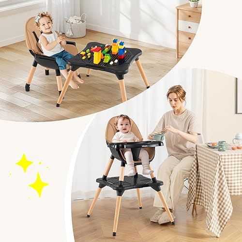 BABY JOY 5 in 1 High Chair, Convertible High Chairs for Babies and Toddlers/Booster Seat/Table and Chair Set, Infant Wooden Highchair w/ 5-Point Harness, 4-Position Removable Tray & PU Cushion, Coffee - Jamouz