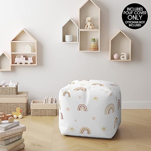 Sweet Jojo Designs Boho Rainbow Girl Ottoman Pouf Cover Unstuffed Poof Floor Footstool Square Cube Pouffe Storage Baby Nursery Kids Room Blush Pink Yellow Bohemian Modern Neutral Vintage Taupe Beige - Jamouz