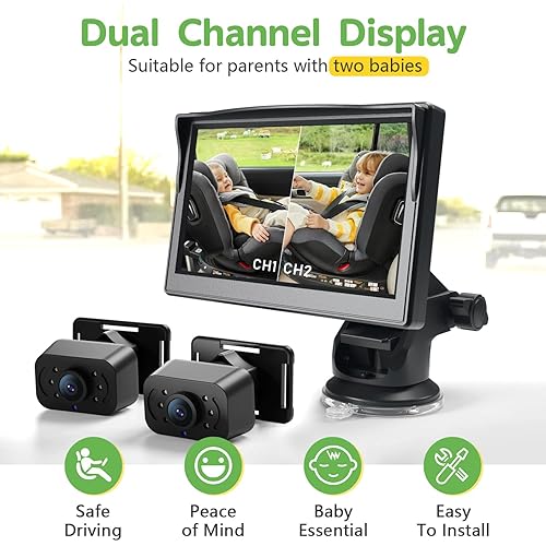 IPOZITO Car Camera for Baby Car Monitor for 2 Kids 5 inch Display HD 1080P Dual-Channel Car Baby Camera with IR Night Vision Adjustable Bracket Lengt Clear Wide View for Rear Facing Seat - Jamouz