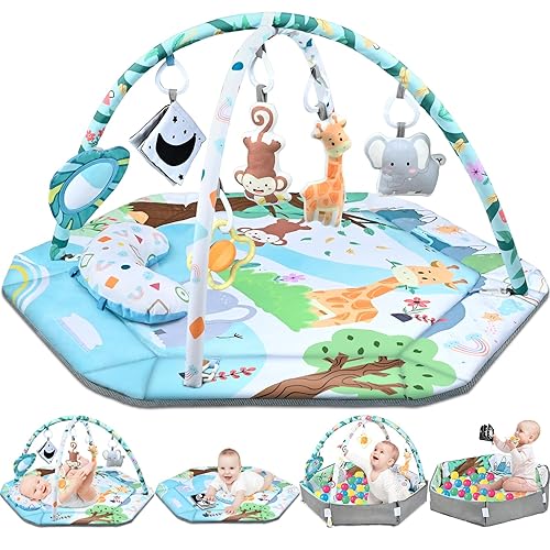 Baby Gym Play Mat, 8-in-1 Tummy Time Mat & Ball Pit with 6 Toys, Washable Baby Activity Play Mat for Visual, Hearing, Sensory, Motor Development, Baby Toys Gift for Toddler Infant 0-3-6-9-12 Months - Jamouz