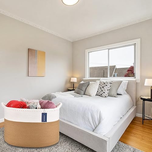 COMSE Extra Large Blanket Basket, Storage Basket, Laundry Basket, 21.7”x 13.8”, Laundry Hamper, Cotton Rope Basket, Blanket Basket Living Room, Toy Basket (White & Cadet Blue & Navy Blue) - Jamouz