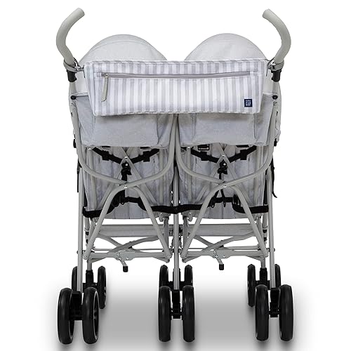 GAP babyGap Classic Side-by-Side Double Stroller - Lightweight Double Stroller with Recline, Extendable Sun Visors & Compact Fold - Made with Sustainable Materials, Grey Stripes - Jamouz