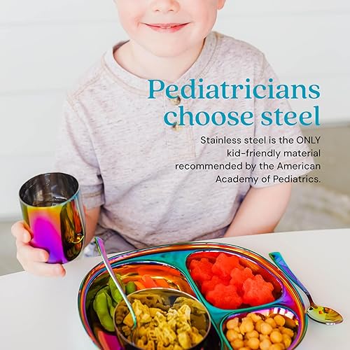 Ahimsa Stainless Steel Kids Dinnerware Set - 5 Piece Stainless Steel Toddler Plates and Bowls Set, Pediatrician Designed, Non Toxic Toddler Plate and Bowl, Kids Utensils and Cup (Rainbow) - Jamouz