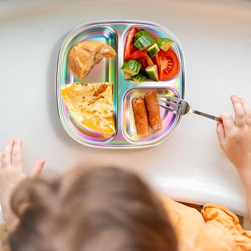 AIEVE Stainless Steel Kids Plates, Pack of 4 Stainless Steel Divided Toddler Plate with Lids - Jamouz
