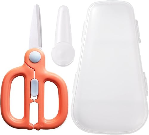 Baby Food Scissors with Travel Case, Ceramic Food Scissors Kids, Toddler Scissors with Safety Lock, Ideal for Pizza, Meats, Noodles, Vegetables, and Fruits (A) - Jamouz
