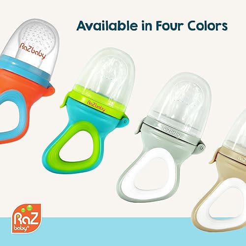 RaZbaby Baby Solids/Frozen Fruit Feeder Pacifier, Infant Teether Toy 6M+, BPA-Free Silicone Pouch & Nipple, Safely Introduce Solids, Teething Relief, Dishwasher Safe, 2-Pack – Orange/Blue + Green/Blue - Jamouz