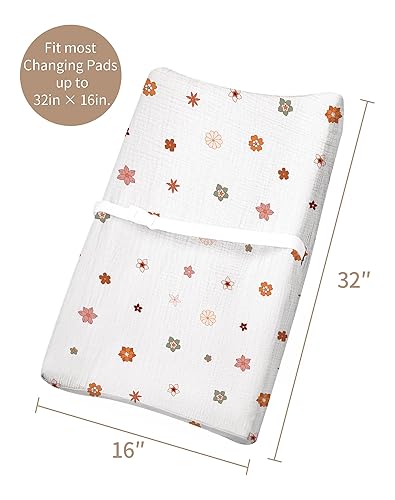 Changing Pad Cover for Baby Boy Girl 2 Pack, Muslin Changing Table Pad Covers with Boho Style, Neutral Nursery Bedding Essentials Soft and Breathable(Dusty Rose & Flower-A) - Jamouz